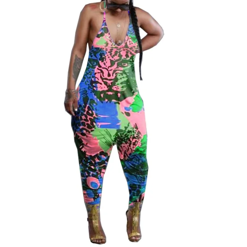 

Playsuit Loose Hanging Neck Cartoon Print Loose Casual Jumpsuit Long Sexy Backless Rompers Wide Leg Jumpsuits Women Sleeveless