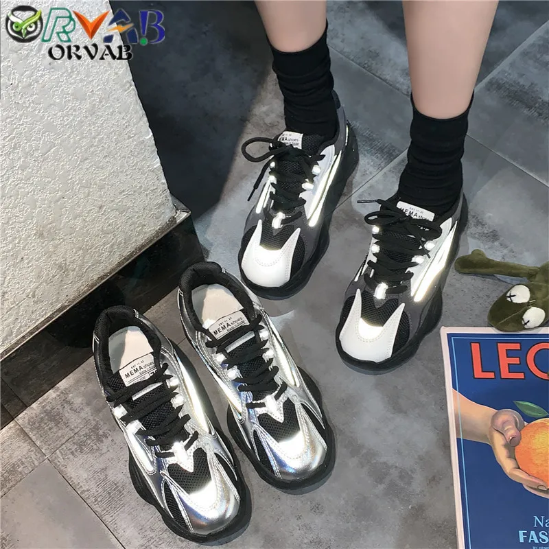 

Reflective Fashion Designer Casual Shoes Woman Silver Platform Chunky Sneakers Women Comfortable Walking Shoe 2019 Autumn Winter