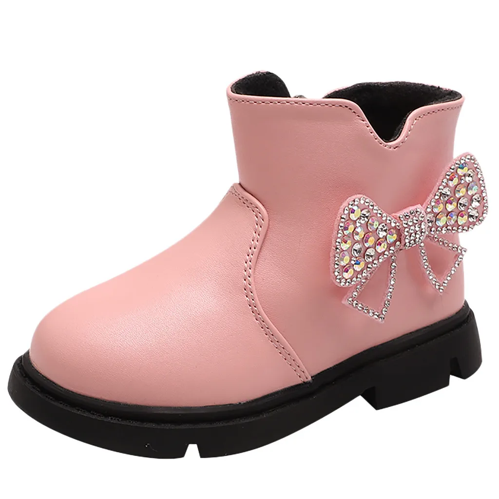 Модные ботинки из искусственной кожи для девочек; детские ботинки с бантом; ботинки для малышей; зимняя обувь для детей; коллекция года; теплая детская зимняя обувь; обувь для принцесс - Цвет: Розовый