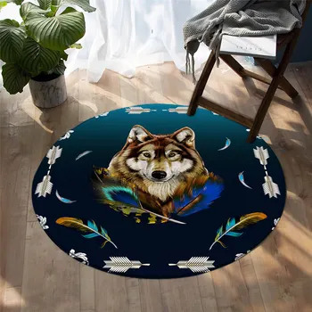 

Fashion Royal Wolf Blue by Ismot Esha Round Carpets Colorful Feathers Bedroom Area Rug Wild Animal Floor Mat Tribal Round Carpet