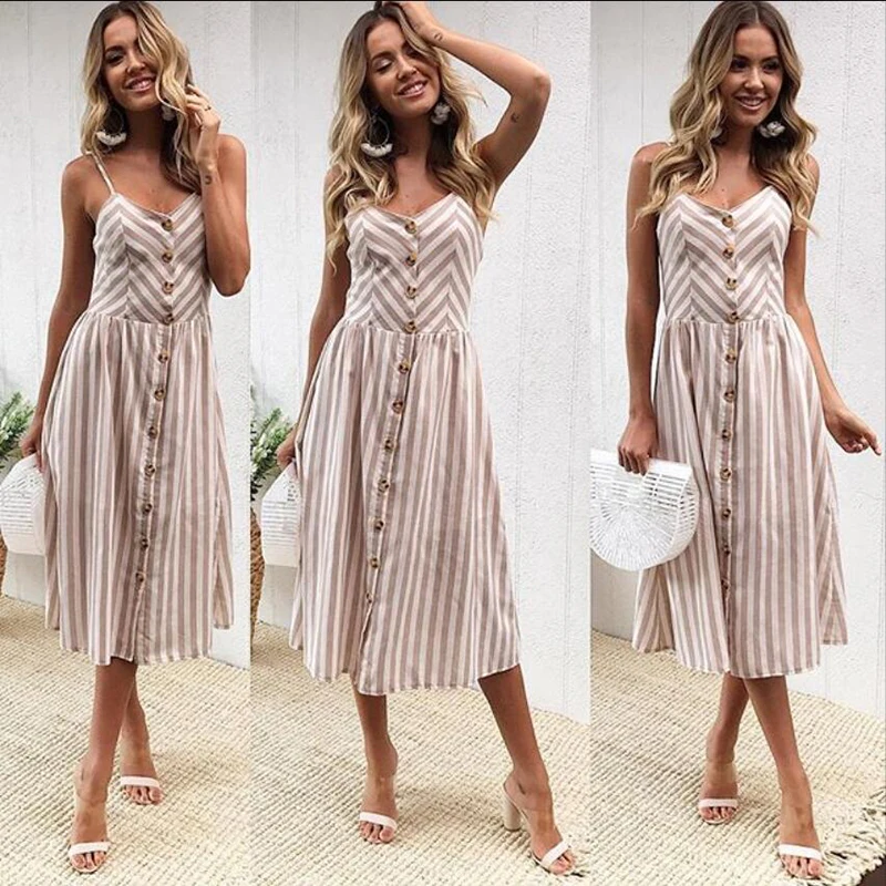 

Button Striped Print Cotton Linen Casual Summer Dress 2019 Sexy Spaghetti Strap V-neck Off Shoulder Women Midi Dresses Vestidos