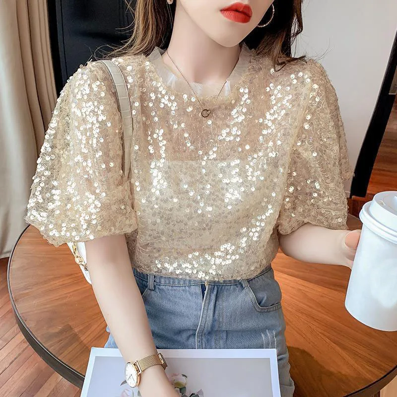 2021 Summer New Korean Chic Women T Shirt Sequin Loose Puff Sleeve Female Tee Tops black t shirt