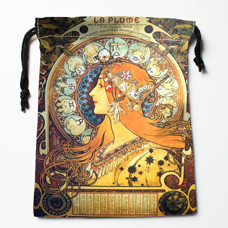 New Arrival Alphonse Mucha Drawstring Bags Print 18X22CM Soft Satin Fabric Resuable Storage Storage Clothes Bag Shoes Bags 3