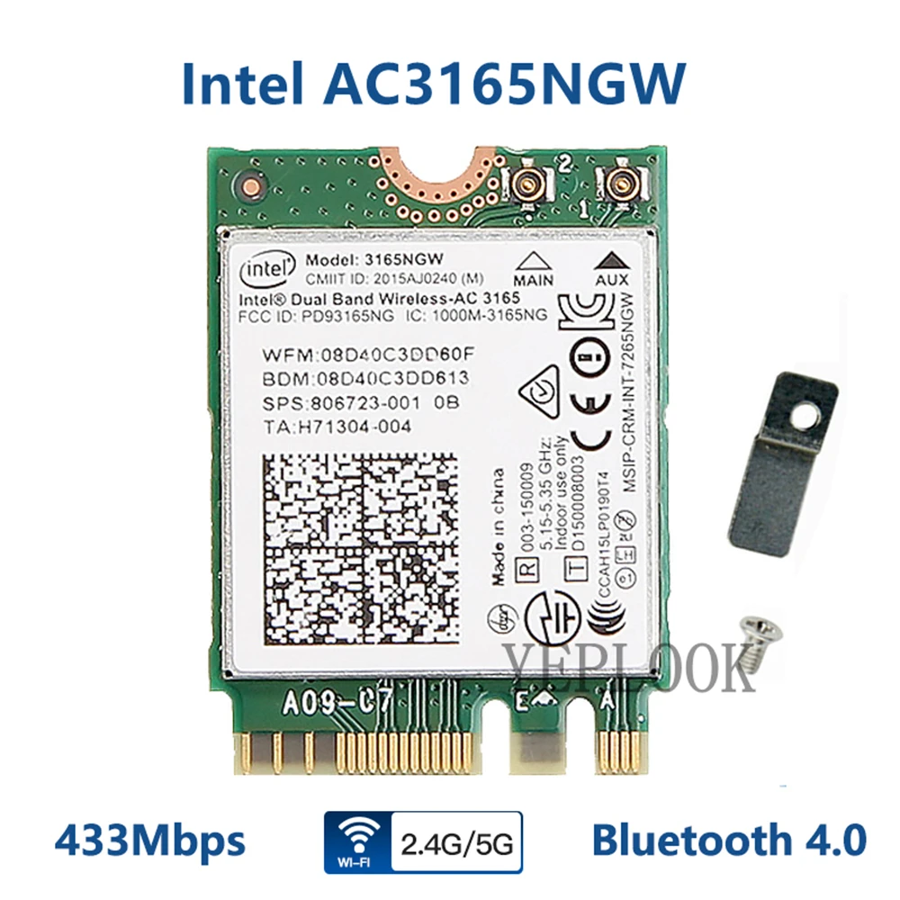 Wireless-AC3165 3165NGW WiFi Card M.2 NGFF Bluetooth 4.0 Dual Band 2.4G/5Ghz 433Mbps Network Adapter Card 802.11ac WiFi + BT4.0 phone lan adapter