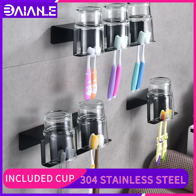 bathroom black toothbrush holder 304 stainless steel wall mounted screw free installation double