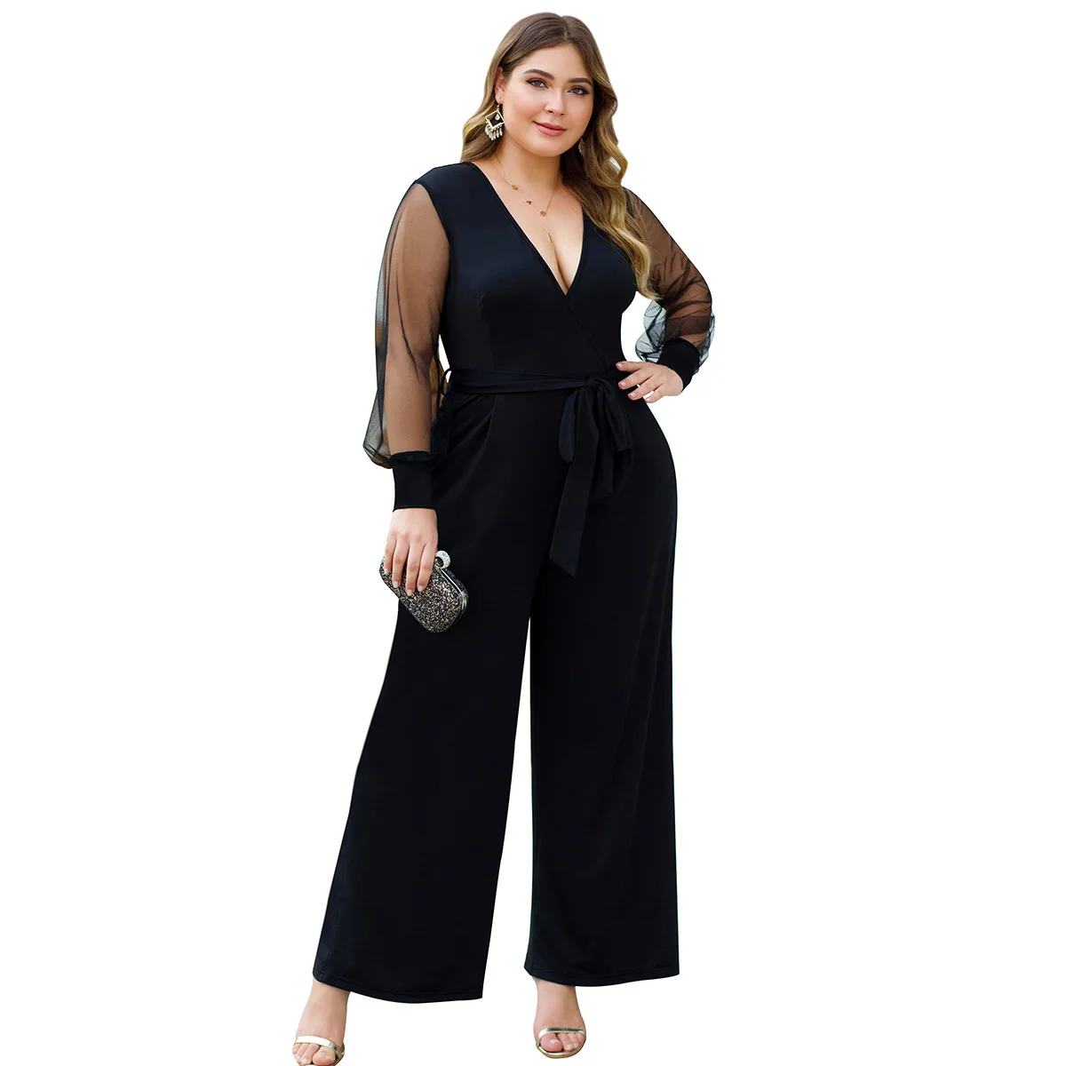 

Plus Size Jumpsuit Black Women Summer Deep V Neck Mesh See Through Long Sleeve Sexy Playsuit Wide Leg Long Pants