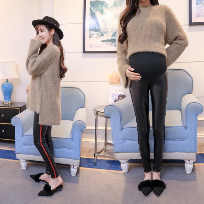 

Spring And Autumn Pregnant Women Leather Pants plus Velvet Leggings for Pregnant Woman Warm Pants Winter plus Velvet Outer Wear