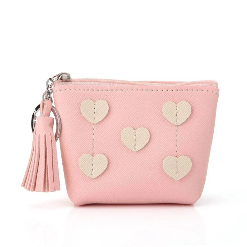 Patchwork Portable Mini Cute Zipper Heart Embellishment Women Card Package Wallet