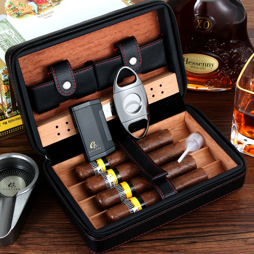

Cedar Wood Cigar Humidor Box Travel Leather Cigar Case W Lighter Cutter Cigar Accessories , Boveda 8 Gram Humidifier Bag As Gift