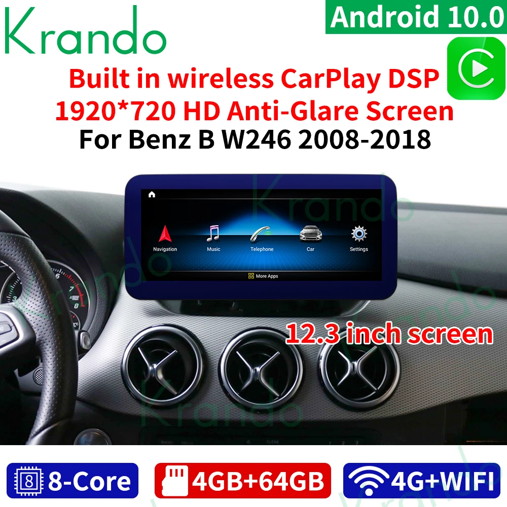 Krando Android 10.0 4G+64G 12.3'' Car Multimedia Player for Mercedes BENZ B CLASS W246 2008-2018 Car stereo with screen carplay