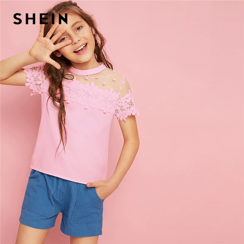 SHEIN Kiddie/Милая однотонная блузка с воротником-стойкой и оборкой для девочек детская одежда г., летний рукав-волан, топы с оборками на пуговицах сзади