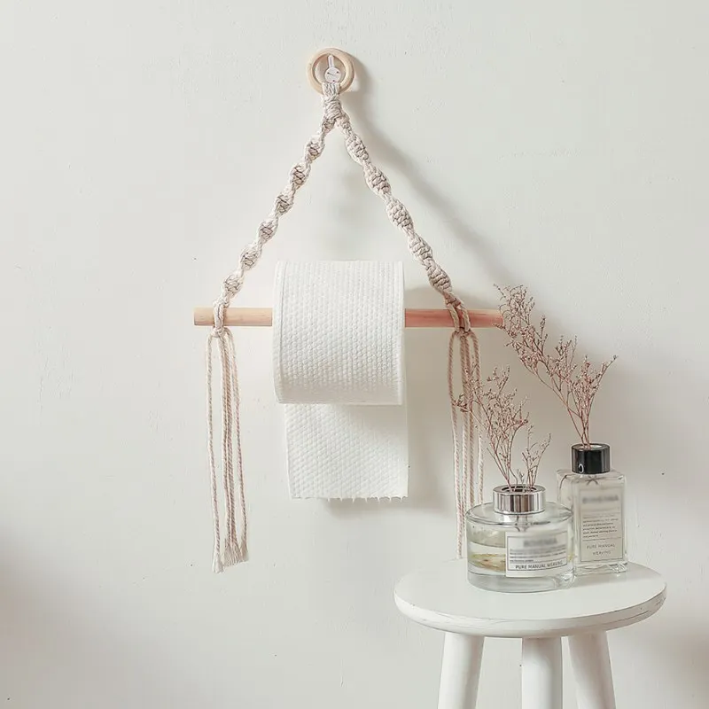 

Wooden Stick Toilet Paper Holder Wall Hanging Hand-woven Tapestry Macrame Kitchen Bathroom Towel Rack Decoration Bathroom Access