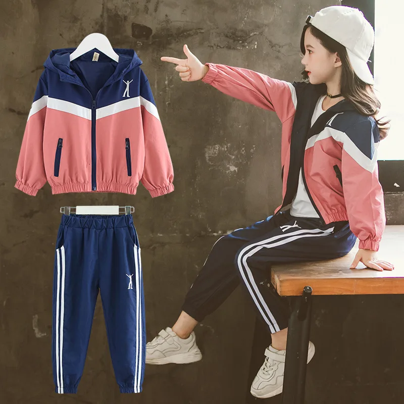 kids clothing set spring autumn Boys and girls Coat+pant 2pcs suits Hooded Patchwork Raglan Sleeve Zipperchildren clothes h62