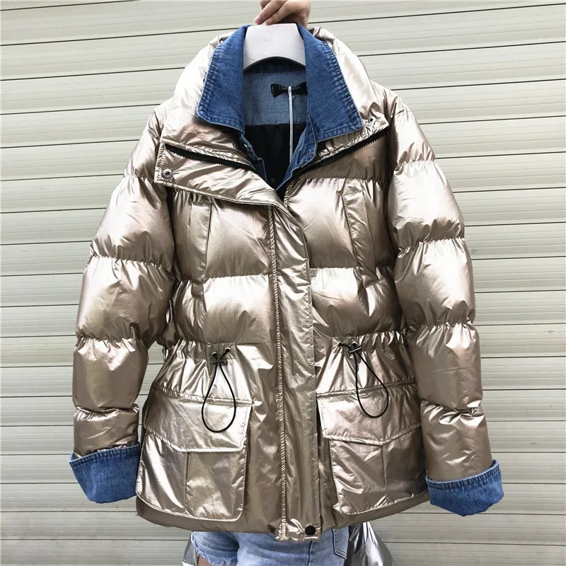 New Denim stitching Women winter jackets Short warm coat Silver bread styl ladies parka winter Thick Cotton Padded coat Outwear