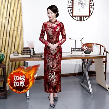 

Brushed and Thick Long Cheongsam Women's Winter Long-Sleeved Cheongsam Dress Belly Covering Cheongsam