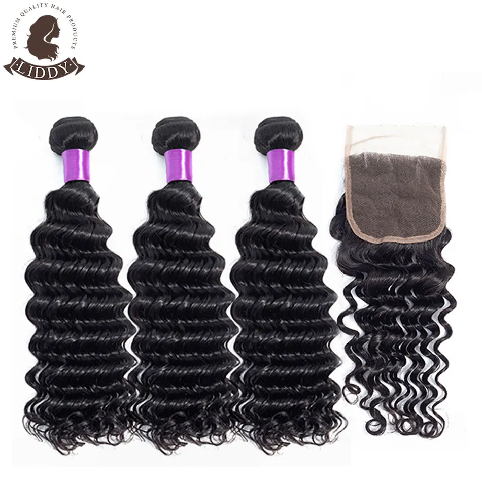

Liddy Deep Wave Bundles With Closure Malaysian Hair Bundles With Closure 100% Human Hair Natural Color Non-remy Hair Extensions