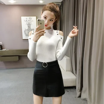 

New Autumn Women knitting Off Shoulder Sweater Slim Female Strong Elastic Pullovers Short Jumper Sleeve Sweaters basis tops