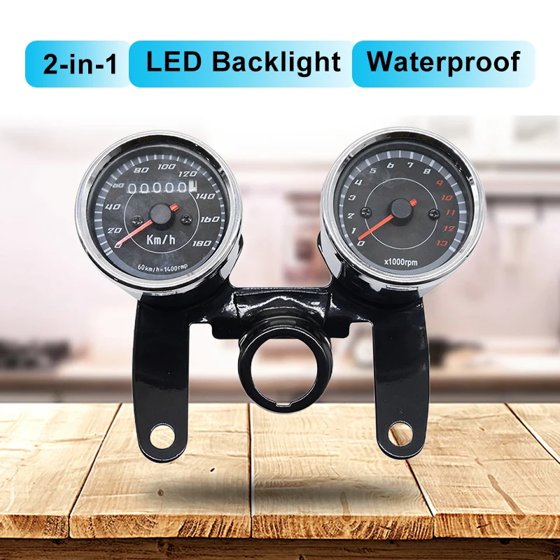 

Universal Motorcycle Speedometer Odometer Tachometer 12V 2-In-1 LED backlight Waterproof Meter Gauge Motorcycle Instrument