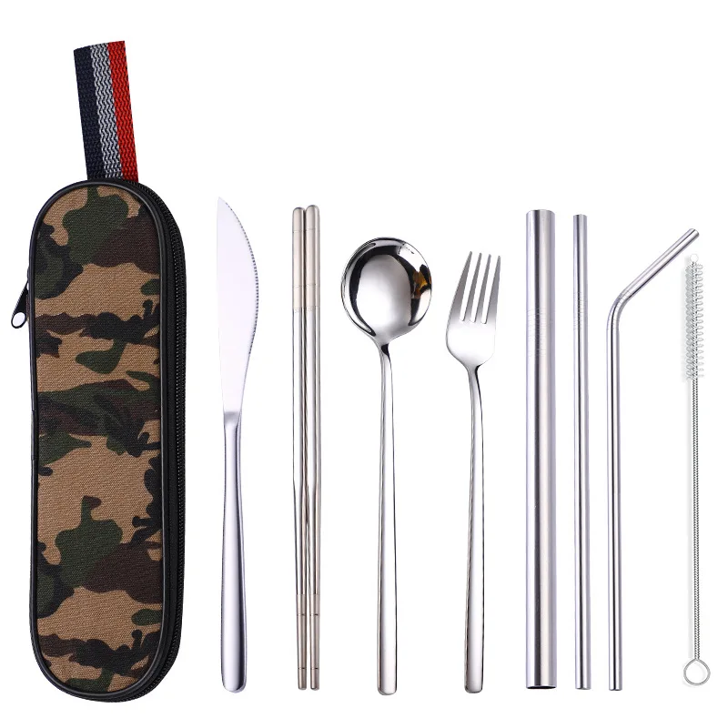 8pcs jl silver Нержавеющая сталь столовая посуда портативный набор столовых приборов нож ложка Вилка палочки для еды соломенная упаковка ткани столовые приборы работа путешествия набор столовых приборов - Цвет: 8pcs jl silver