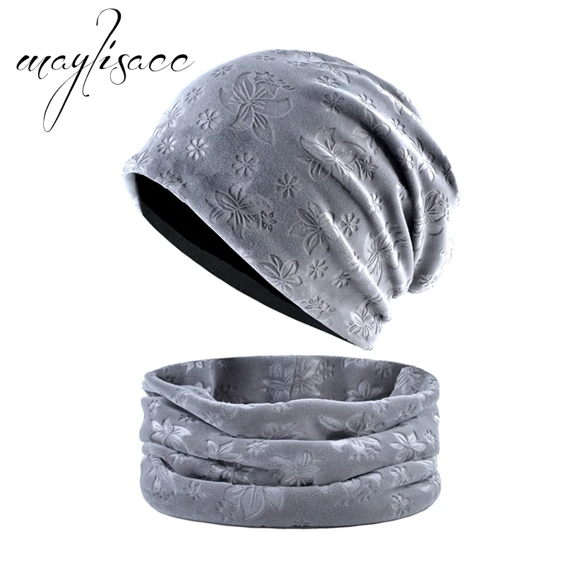 Grey Maylisacc 6 цветов одноцветное Цвета зима теплая шапка с шарфом кольцо Мода Тиснение цветок шляпа для Для женщин шарфы с шляпа набор - Цвет: Grey