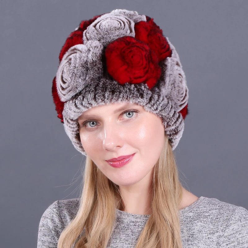 

Winter Rex Rabbit Fur Hat Women Knitted 100% Natural Rex Rabbit Fur Flowers Beanies Hats Warm Soft Real Rex Rabbit Fur Caps