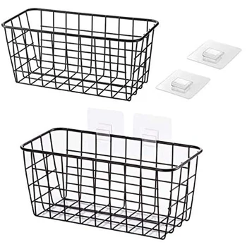 

Adhesive Sturdy Storage Baskets with Kitchen Food Pantry Bathroom Shelf Storage No Drilling Wall Mounted 2 PACK Black