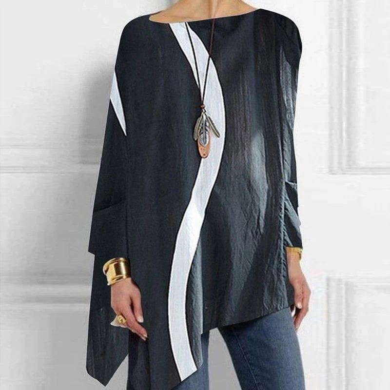 Camiseta de empalme de Color blanco Irregular para mujer, blusa holgada de manga larga con cuello redondo, Top informal sencillo