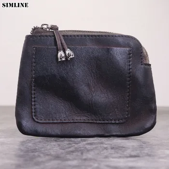 

SIMLINE Genuine Leather Coin Purse Men Women Vintage Handmade Short Small Coin Pocket Case Card Holder Money Bag Storage Bags