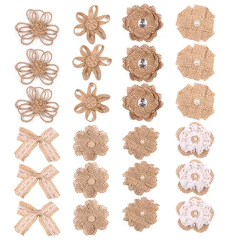 

24pcs Faux Pearls DIY Crafts Handmade Bouquets Lace Rustic Rose Home Portable Artificial Vintage With Bowknot Burlap Flowers