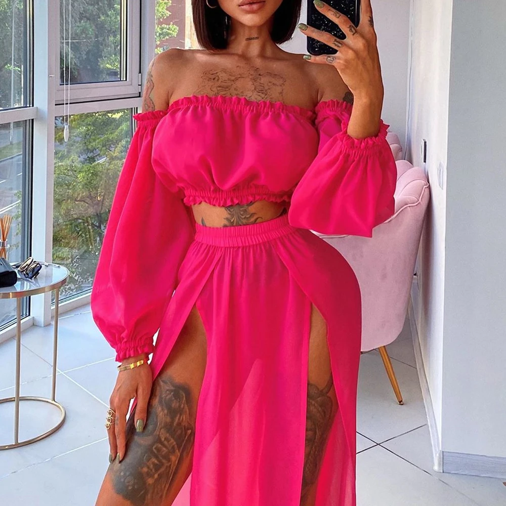 2021 Women Beach 2pcs Bikini Cover-Ups Swimsuit Off Shoulder Top+ High Waist Dresss Sexy Ladies Swimming Cover Up Bathing Suit bikini cover up skirt wrap