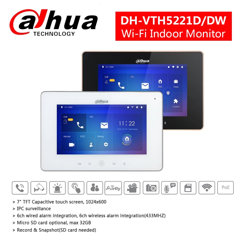 Original Dahua Wifi Indoor Monitor VTH5221D/DW Multi-Language 7inch Touch Screen Micro SD card Build-in camera IP Wired doorbell