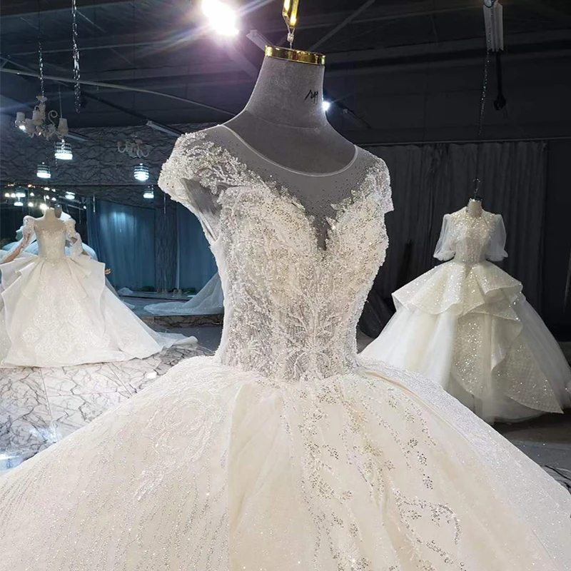 HTL2038 Elegant Extravagant Sequin Crystal Pearls Wedding Dress 2021 V-Neck Short Sleeve Lace Up Back 4