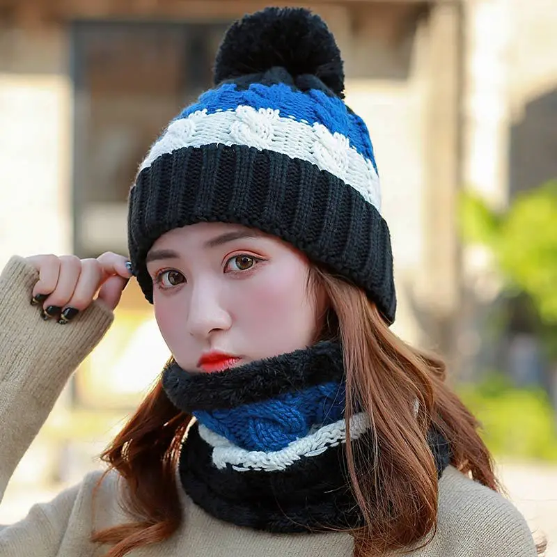 Вязаная зимняя шапка, шарф, набор для женщин, Pom Beanies, набор из шапки и шарфа для женщин, толстые теплые мягкие зимние аксессуары - Цвет: black