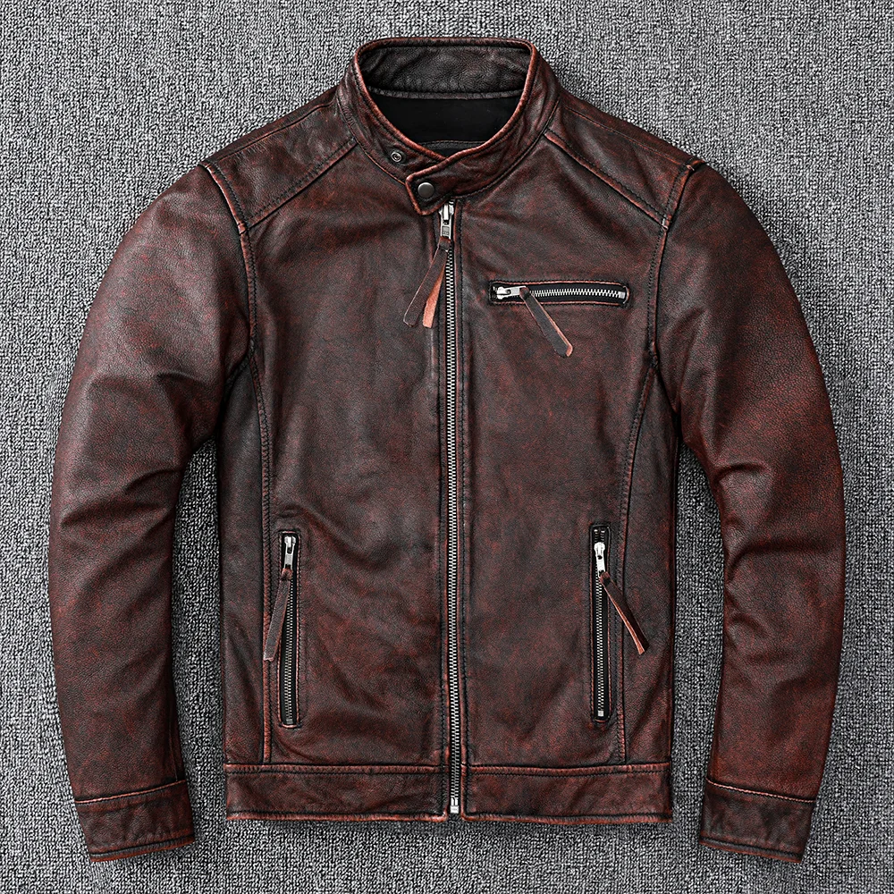 Description Picture 5 of itemVintage Brown Coat Classic Biker Style Short Slim Genuine Leather Jacket Men Casual Leather Coat Asian Size 6XL Autumn Wholesale