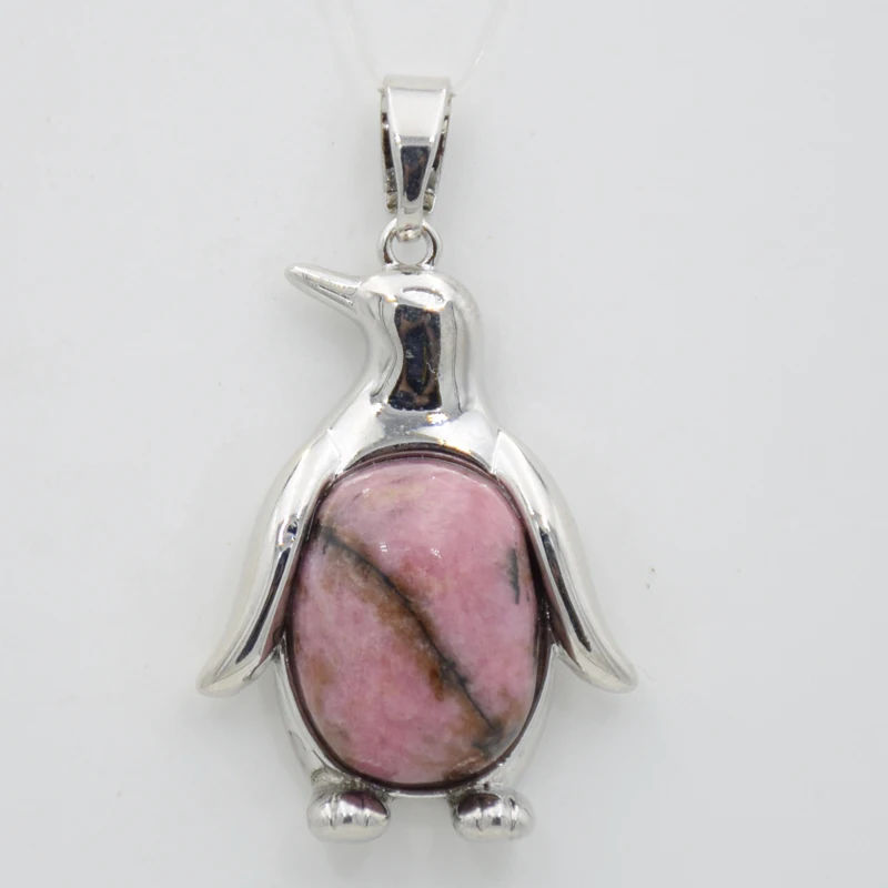 Line Rhodonite Подвеска в виде пингвина из натурального камня, Очаровательное ожерелье для женщин, девочек, мальчиков, тигровый глаз, милые животные, модное ювелирное изделие, подарок на день рождения - Окраска металла: Line Rhodonite