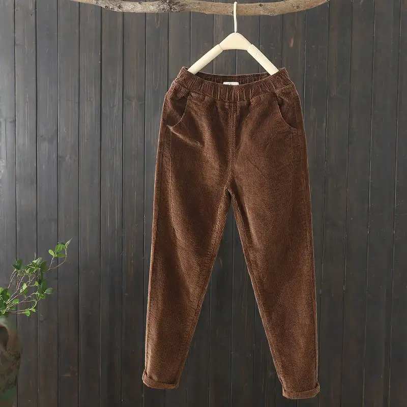 coffee color Женские вельветовые брюки размера плюс с эластичной резинкой на талии, женские брюки на осень и зиму, свободные вельветовые штаны-шаровары, длинные женские брюки C5757 - Цвет: coffee color