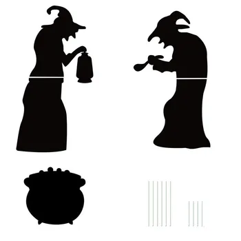 

80# 2 Witches Black Cauldron Silhouette Halloween Yard Signs with Plastic Piles Accessories Silhouette Decor 922