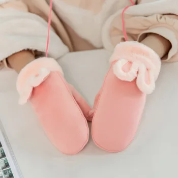

New suede rabbit ears plush hair hanging neck gloves Women plus velvet warm winter outdoor mittens