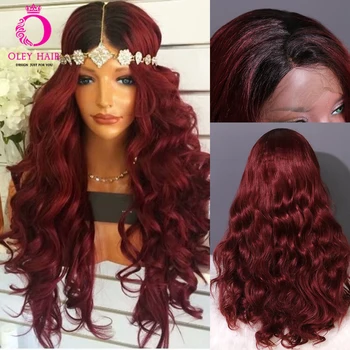 

OLEY Hair Wine Red Wig Glueless Synthetic Lace Front Wig Heat Resistant Long Wavy Brown Ombre Cosplay Wigs For Black Women