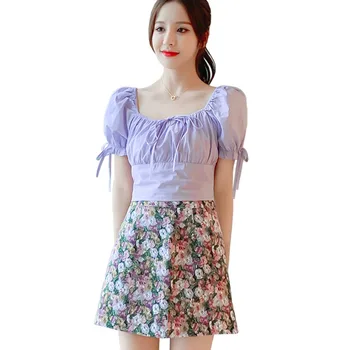 

Elegant Holiday Two Piece Women Set Sweet Square Collar Short Sleeve Blouse Crop Top + High Waist Daisy Print Boho Skirt Set