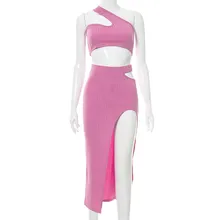 

Sexy Women's Suit Solid One Shoulder Crop Tops Slit Midi Skirt Sets Femme Streetwears for Party Club Wear