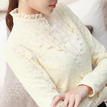 

thicken fleece warm lace women blouse solid button turtleneck slim all match office lady elegant lace white shirts outwear tops
