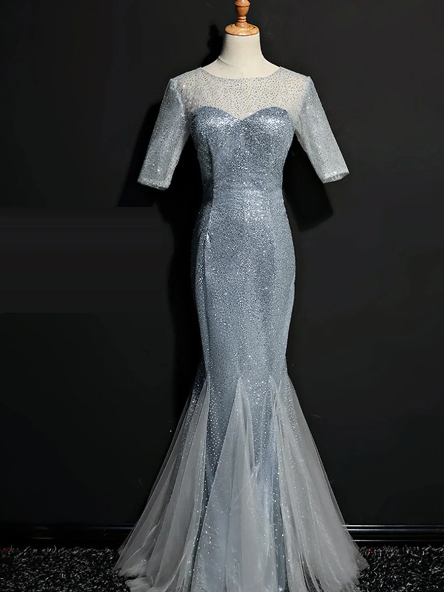 Evening Dresses New O-neck Half-sleeve Formal Dress Women F314 Elegant Floor Length Robe De Soiree Sequin Evening Gowns