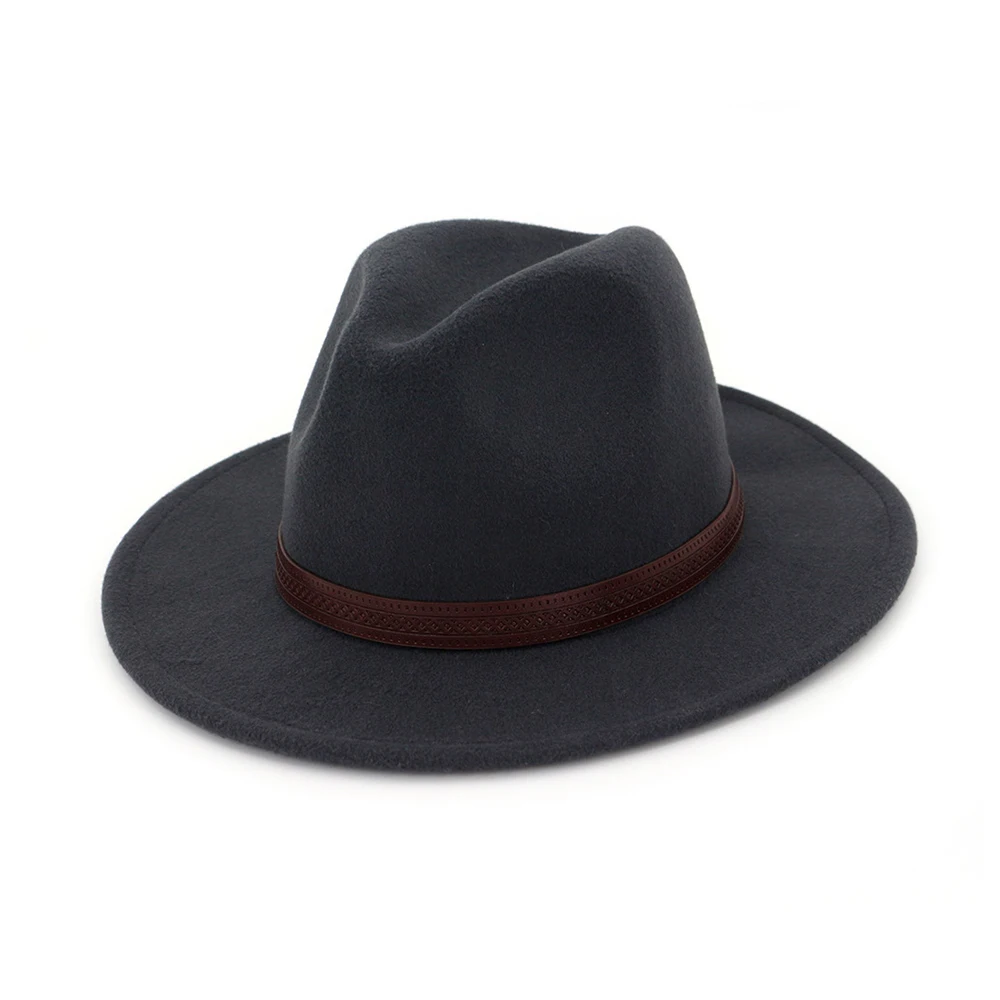 Dark Gray Модная женская и Мужская шерстяная шляпа Fedora с кожаная лента джентльмен Элегантная Дамская шапка на осень зиму - Цвет: Dark Gray