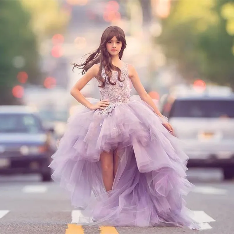 627 High Low Lavender Flower Girls Dresses Scoop Appliques Beads Puffy Tulle Skirt Girls Wedding Dress Children Lovely Girls Pageant Dress (1)