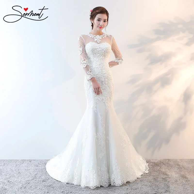 

SERMENT Korean Version of The New Fishtail Light Wedding Dress Slim Simple Sleeves Tail Wedding Dress Bride Word Shoulder