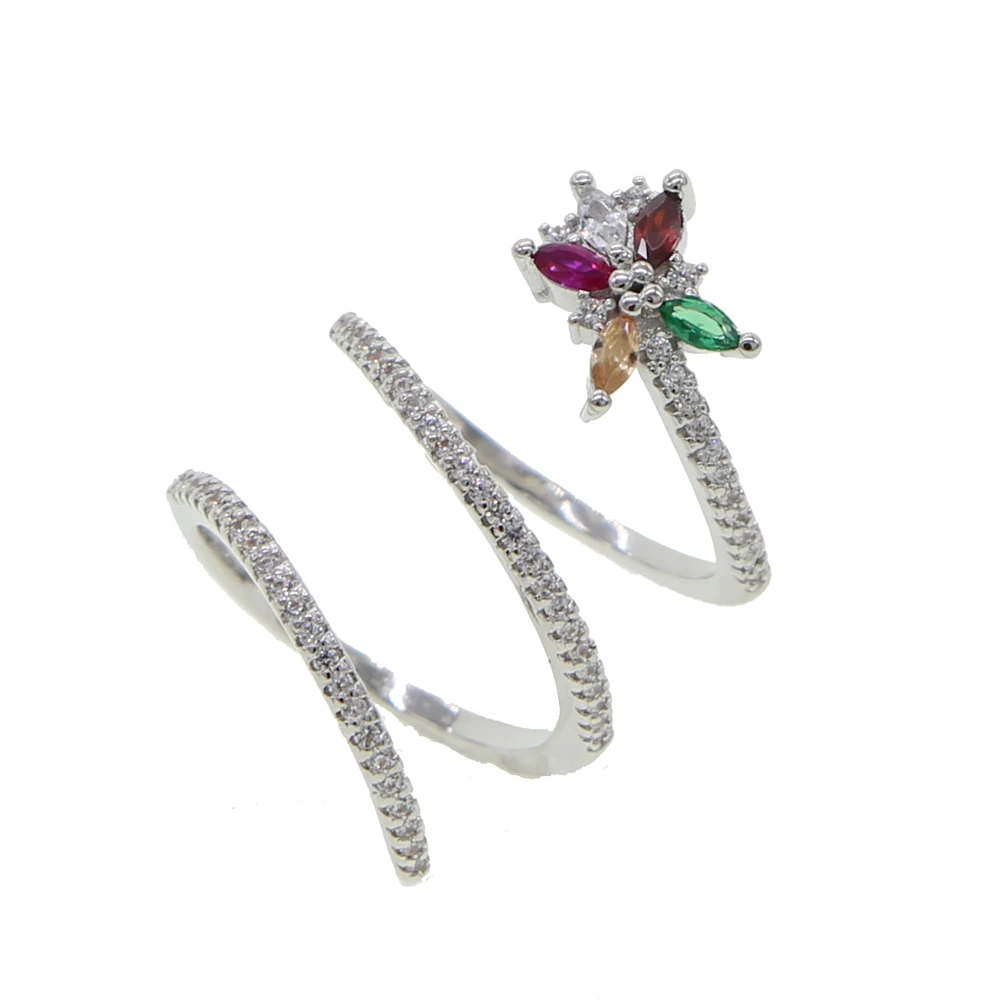 Радужное cz цветочное многоразовое длинное кольцо на палец для женщин серебряного цвета искрящееся CZ мощеное модное кольцо Размер 6 7 8