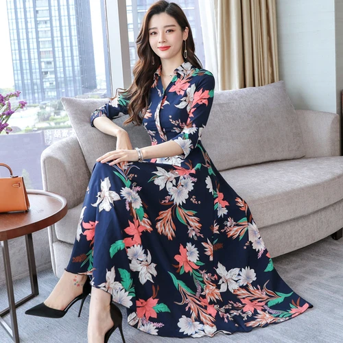 

Spring Chiffon Fashion Printed Women Dress 2019 New Style Summer Seven-minutes Sleeve Female Slim Elegant Temperament Dresses