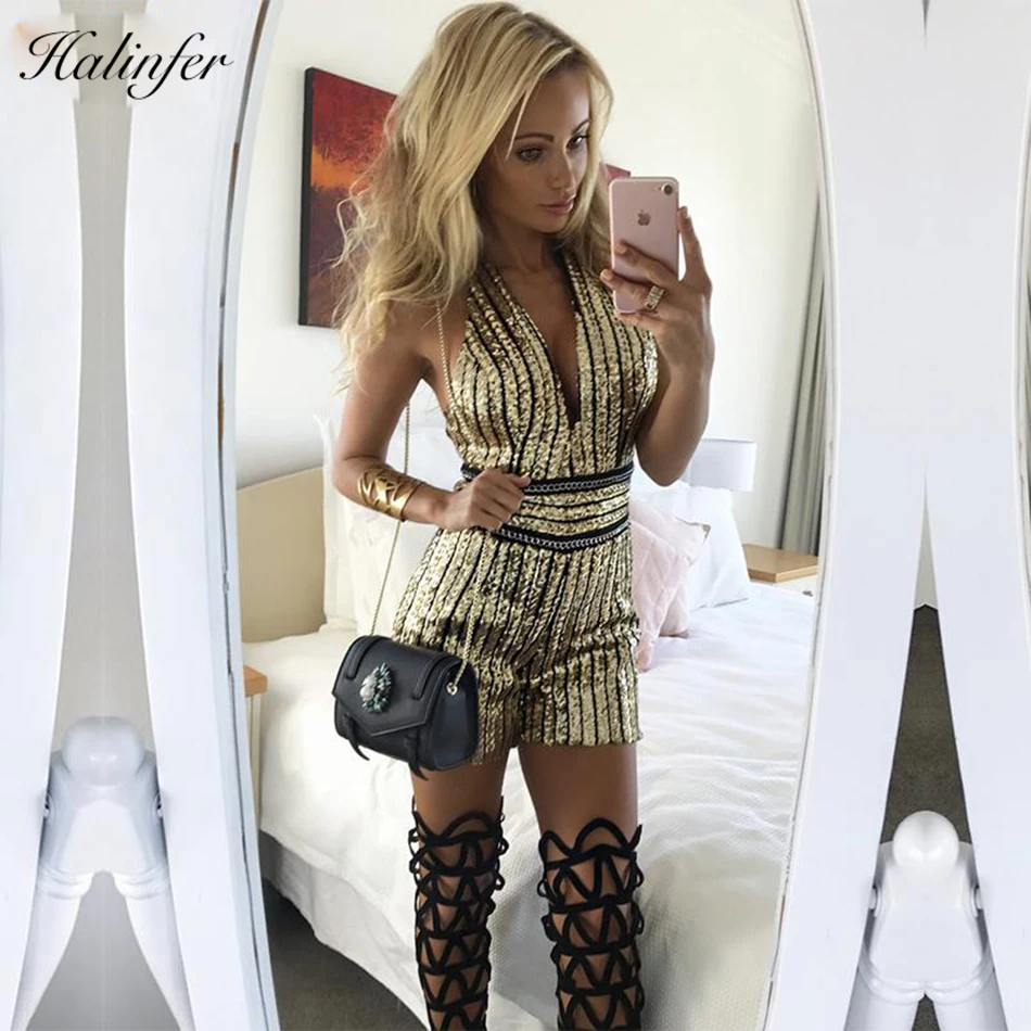 Halinfer новые летние женские костюмы сексуальные bodycon Холтер с блестками открытая спина знаменитости костюм для вечеринки vestidos