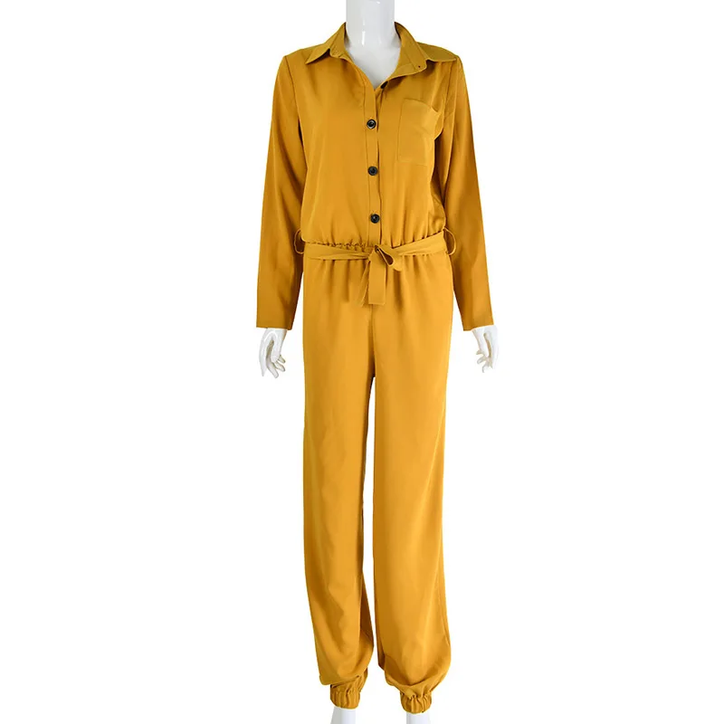 Beyprern Cargo Yellow Pockets Single Breasted Turndown Collar Long Jumpsuit Women Fashion Long Sleeve Cargo Romper Belt Overalls